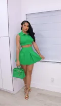 SC Solid Sleeveless Pleated Mini Skirt 2 Piece Sets BS-1306