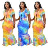 SC Plus Size Tie Dye Short Sleeve Maxi Dress YFS-10063