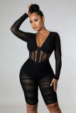 SC Sexy Mesh Patchwork Ruched Long Sleeve Romper HM-6609