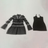 SC Sexy Mesh Ruffled Long Sleeve Dress+Vest Dress 2 Piece Sets MEI-9233