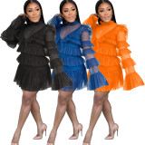 SC Sexy Mesh Ruffled Long Sleeve Dress+Vest Dress 2 Piece Sets MEI-9233