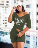 SC Pink Letter Print Casual Two Piece Shorts Set OY-6333