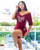 SC Pink Letter Print Casual Two Piece Shorts Set OY-6333