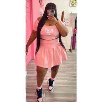 SC Plus Size Pink Letter Short Sleeve Pleated Mini Skirt 2 Piece Sets WAF-74264