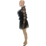 SC Sexy Mesh Ruffled Long Sleeve Dress+Vest Dress 2 Piece Sets MEI-9233