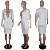 SC White Tassel Deep V Neck Bodycon Dress YIY-5337