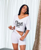 SC Pink Letter Print Casual Two Piece Shorts Set OY-6333