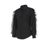 SC Solid Feather Patchwork Long-Sleeved Shirt Top ZSD-0448