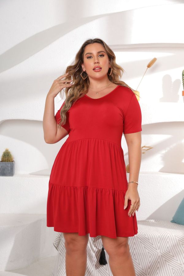 SC Plus Size Solid Short Sleeve Short Dress HEJ-6112