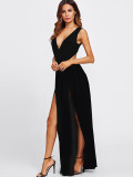 SC Black Sexy V Neck High Split Backless Maxi Dress NY-8986
