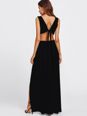 SC Black Sexy V Neck High Split Backless Maxi Dress NY-8986