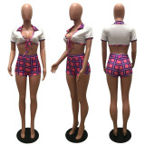 SC Plaid Print Bow-Tie Ctop Top Mini Shorts 2 Piece Sets MAE-2134