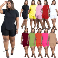 SC Plus Size Solid Lace-Up T Shirt And Shorts 2 Piece Sets TK-6226