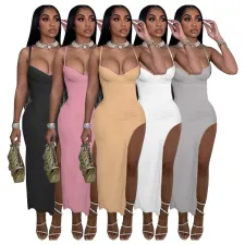 SC Solid Spaghetti Strap High Split Maxi Dress YIBF-60134