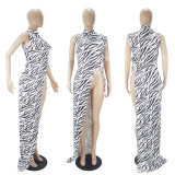 SC Zebra Stripe Sleveless High Split Maxi Dress SHD-9812