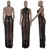 SC Solid Knitted Halter Hollow Out Maxi Dress TR-1150-1