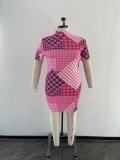 SC Plus Size Houndstooth Print Drawstring Short Sleeve Mini Dress OSM2-5300