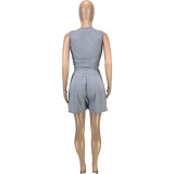 SC Solid V Neck Sleeveless Wide Leg Shorts 2 Piece Sets MEI-9238