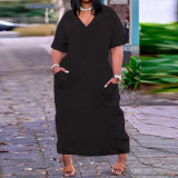SC Plus Size Solid V Neck Short Sleeve Pockets Maxi Dress NY-2373