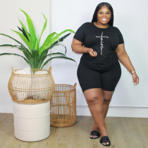 SC Plus Size Letter Print T Shirt And Shorts 2 Piece Sets FNN-006