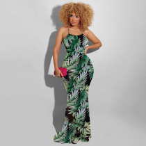 SC Leaves Print Backless Sling Maxi Dress OSIF-22192