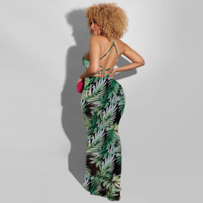 SC Leaves Print Backless Sling Maxi Dress OSIF-22192