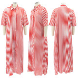 SC Plus Size Mid-Sleeve Loose Striped Shirt Long Dress HNIF-041