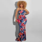 SC Leaves Print Backless Sling Maxi Dress OSIF-22190