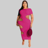 SC Plus Size Solid Short Sleeve Hollow Out Long Dress OSIF-22199