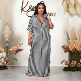 SC Plus Size Mid-Sleeve Loose Striped Shirt Long Dress HNIF-041