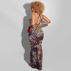 SC Sexy Leopard Feather Print Backless Maxi Dress OSIF-22191