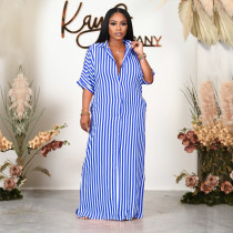 SC Plus Size Mid-Sleeve Loose Striped Shirt Long Dress HNIF-041