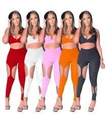 SC Sexy Halter Hollow Out Two Piece Pants Sets YIBF-60138