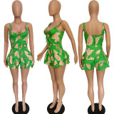 SC Sexy Print Zipper Top+Ruffled Shorts Culotte 2 Piece Sets BGN-238