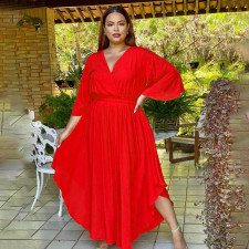 SC Plus Size Solid V Neck High Waist Big Swing Maxi Dress NNWF-7430