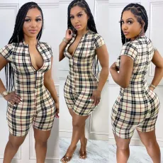 SC Plaid Print Short Sleeve Zipper Romper BN-9324-1