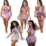SC Sexy Printed Halter Hollow Drawstring Club Dress BN-9264