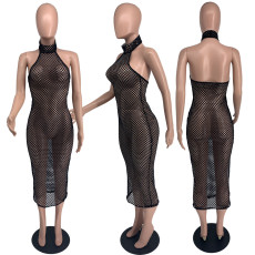 SC Sexy Fishnet Hollow Halter Night Club Maxi Dress (Without Briefs)AMLF-3017