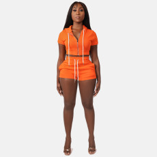 SC Solid Hooded Zipper Two Piece Shorts Set CH-8210