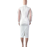SC Solid Fashion Bead Long Sleeve Slim Midi Dress LS-0369
