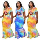 SC Plus Size Fashion Lip Tie Dye Print Short Sleeve Maxi Dress YFS-10077