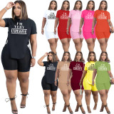 SC Casual Plus Size Letter Print Side Slit Lace Up Short Sleeve Shorts 2 Piece Sets TK-6228