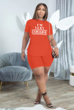 SC Casual Plus Size Letter Print Side Slit Lace Up Short Sleeve Shorts 2 Piece Sets TK-6228