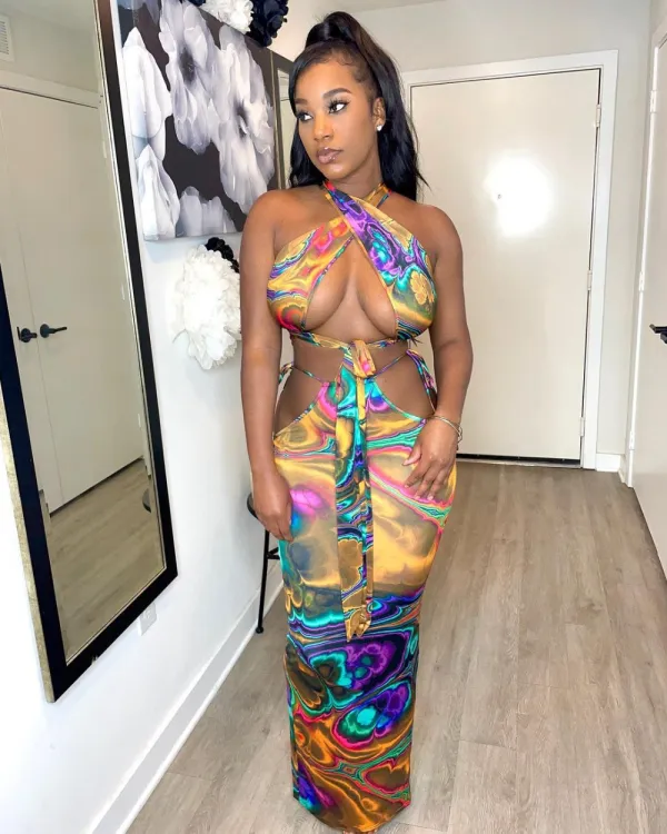 SC Sexy Printed Halter Hollow Maxi Skirt Two Piece Sets JZHF-8107