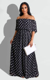 SC Chiffon Polka Dot Print Slash Neck Pleated Maxi Dress ME-8060