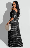 SC Chiffon Polka Dot Print Slash Neck Pleated Maxi Dress ME-8060