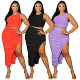 SC Plus Size Solid Tank Top+Ruched Split Skirt 2 Piece Sets ME-6108