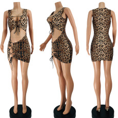 SC Leopard Lace-Up Hollow Out Sleeveless Mini Dress JZHF-8108
