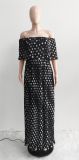 SC Chiffon Polka Dot Print Slash Neck Pleated Maxi Dress ME-8060