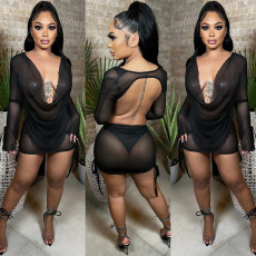SC Sexy Mesh See Through Backless Top Mini Skirts 2 Piece Sets BY-5665
